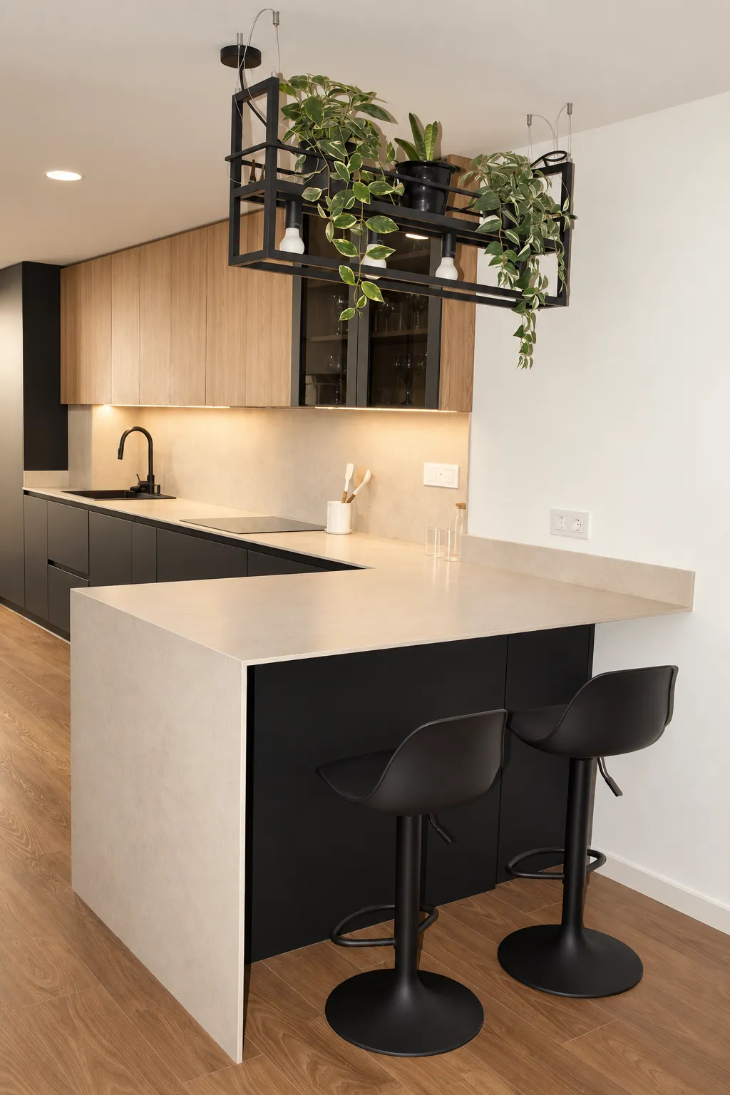 Una cocina negra mate con madera, pensada para tenerlo todo