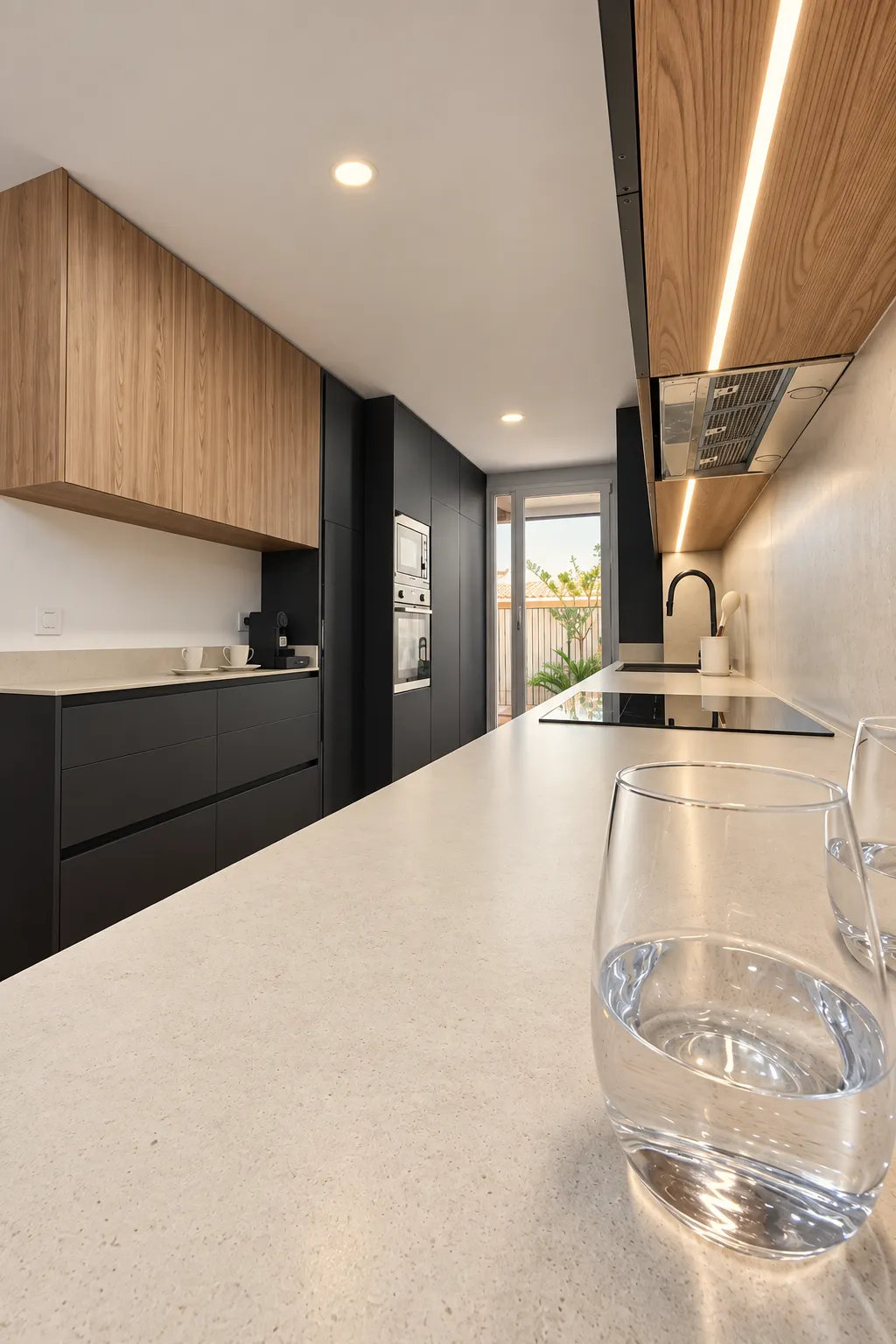 Una cocina negra mate con madera, pensada para tenerlo todo