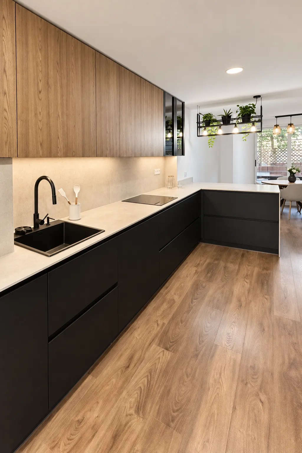 Una cocina negra mate con madera, pensada para tenerlo todo