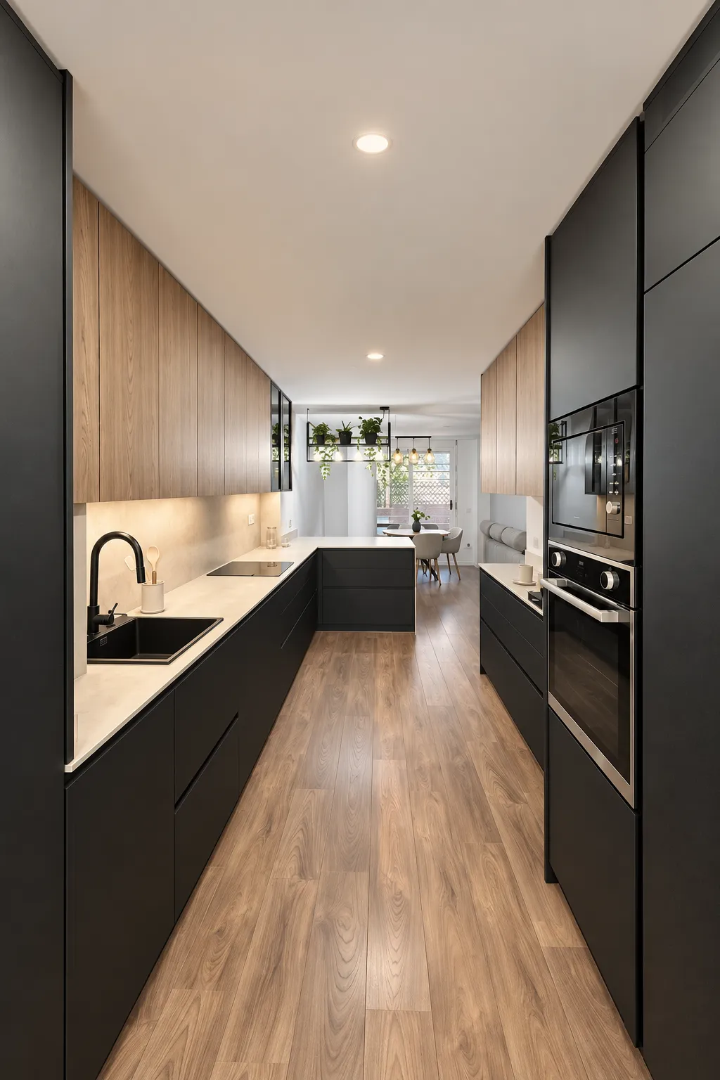 Una cocina negra mate con madera, pensada para tenerlo todo